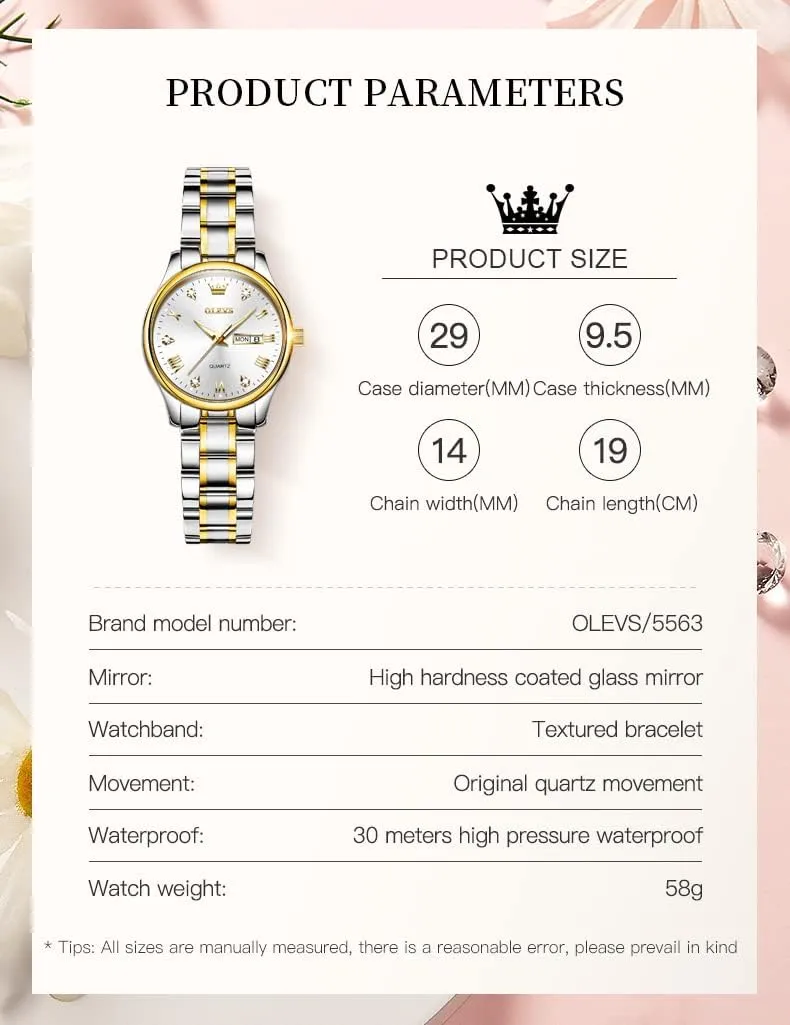 OLEVS Luxury Ladies Watches,Women's Watch with Day and Date,Female Watch for Small Wrist,Gold Stainless Steel Watches for Women,Easy Read Ladies Wrist Watches Waterproof（Adjustable Strap