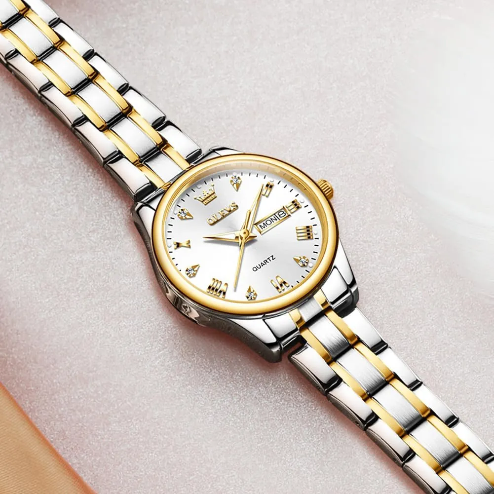 OLEVS Luxury Ladies Watches,Women's Watch with Day and Date,Female Watch for Small Wrist,Gold Stainless Steel Watches for Women,Easy Read Ladies Wrist Watches Waterproof（Adjustable Strap
