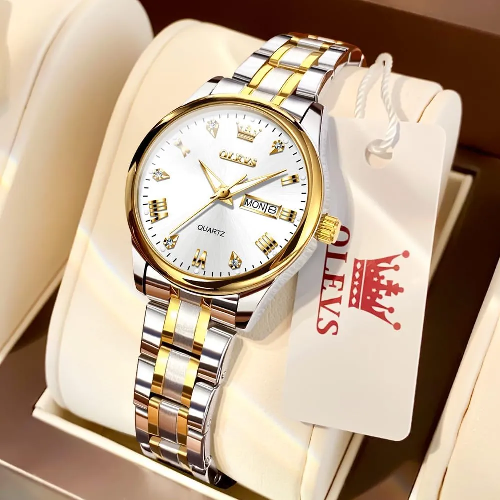 OLEVS Luxury Ladies Watches,Women's Watch with Day and Date,Female Watch for Small Wrist,Gold Stainless Steel Watches for Women,Easy Read Ladies Wrist Watches Waterproof（Adjustable Strap
