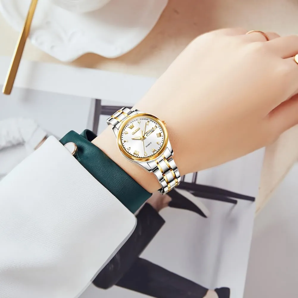OLEVS Luxury Ladies Watches,Women's Watch with Day and Date,Female Watch for Small Wrist,Gold Stainless Steel Watches for Women,Easy Read Ladies Wrist Watches Waterproof（Adjustable Strap