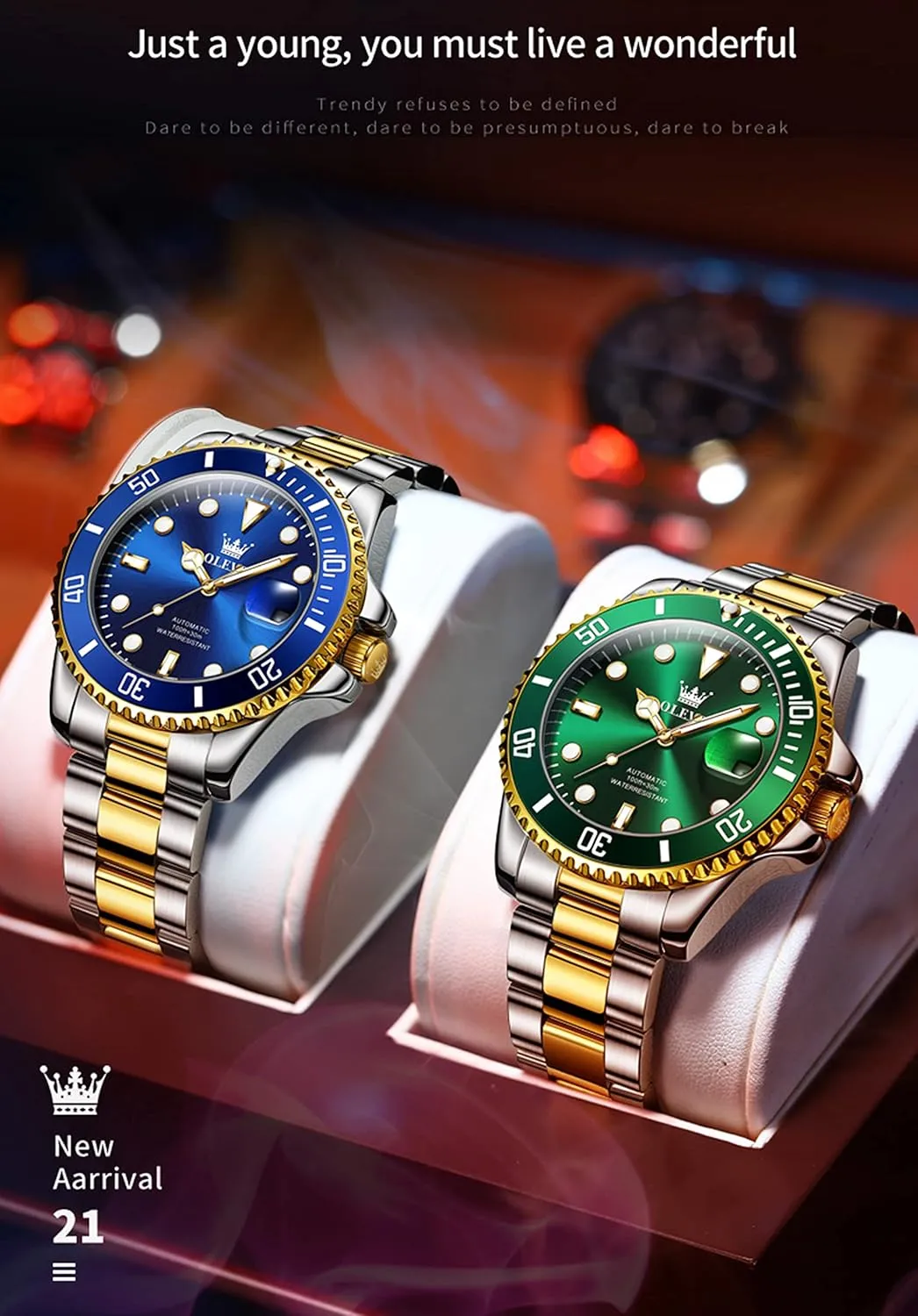 OLEVS Men's Watches Automatic, Luxury Gold and Silver Analog Tourbillon Watches for Men, Premium Rotatable Bezel Men's Dress Watches, Blue/Green/Black Dial