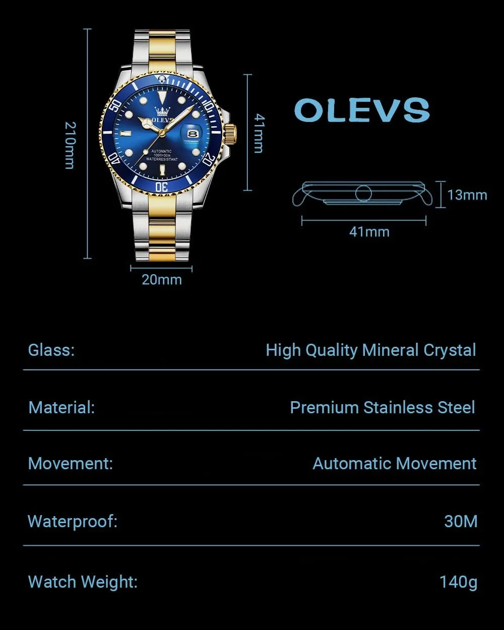 OLEVS Men's Watches Automatic, Luxury Gold and Silver Analog Tourbillon Watches for Men, Premium Rotatable Bezel Men's Dress Watches, Blue/Green/Black Dial