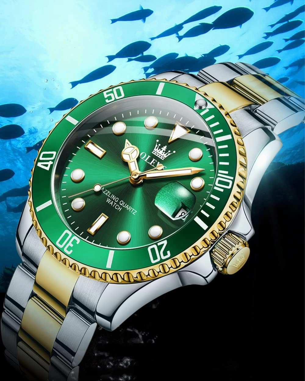 OLEVS Men's Watches with Date, Premium Gold and Silver Stainless Steel Analog Watches for Men, Classic Rotatable Bezel Men's Cuff Watches, Blue/Green/Black Dial
