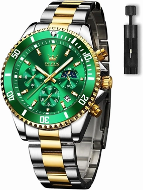 OLEVS Men's Watches with Date, Premium Gold and Silver Stainless Steel Analog Watches for Men, Classic Rotatable Bezel Men's Cuff Watches, Blue/Green/Black Dial