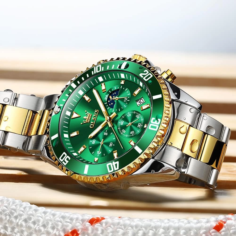 OLEVS Men's Watches with Date, Premium Gold and Silver Stainless Steel Analog Watches for Men, Classic Rotatable Bezel Men's Cuff Watches, Blue/Green/Black Dial