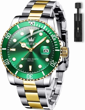OLEVS Men's Watches with Date, Premium Gold and Silver Stainless Steel Analog Watches for Men, Classic Rotatable Bezel Men's Cuff Watches, Blue/Green/Black Dial