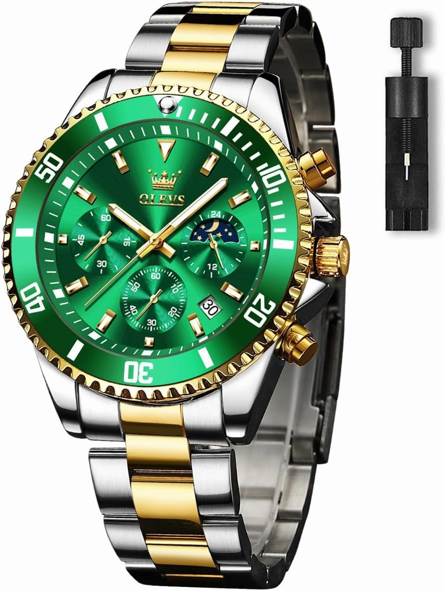 OLEVS Men's Watches with Date, Premium Gold and Silver Stainless Steel Analog Watches for Men, Classic Rotatable Bezel Men's Cuff Watches, Blue/Green/Black Dial