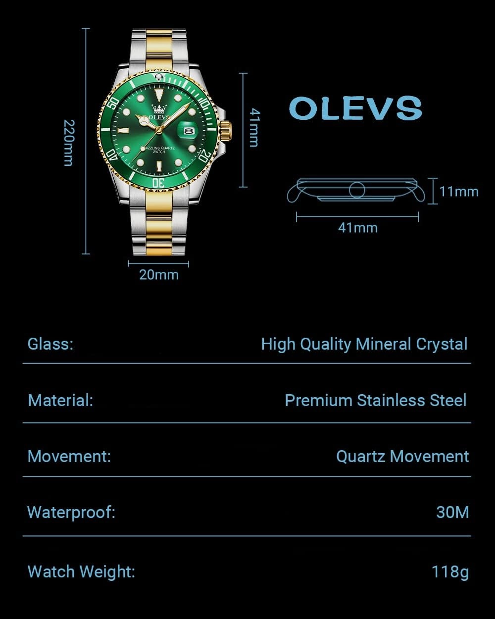 OLEVS Men's Watches with Date, Premium Gold and Silver Stainless Steel Analog Watches for Men, Classic Rotatable Bezel Men's Cuff Watches, Blue/Green/Black Dial