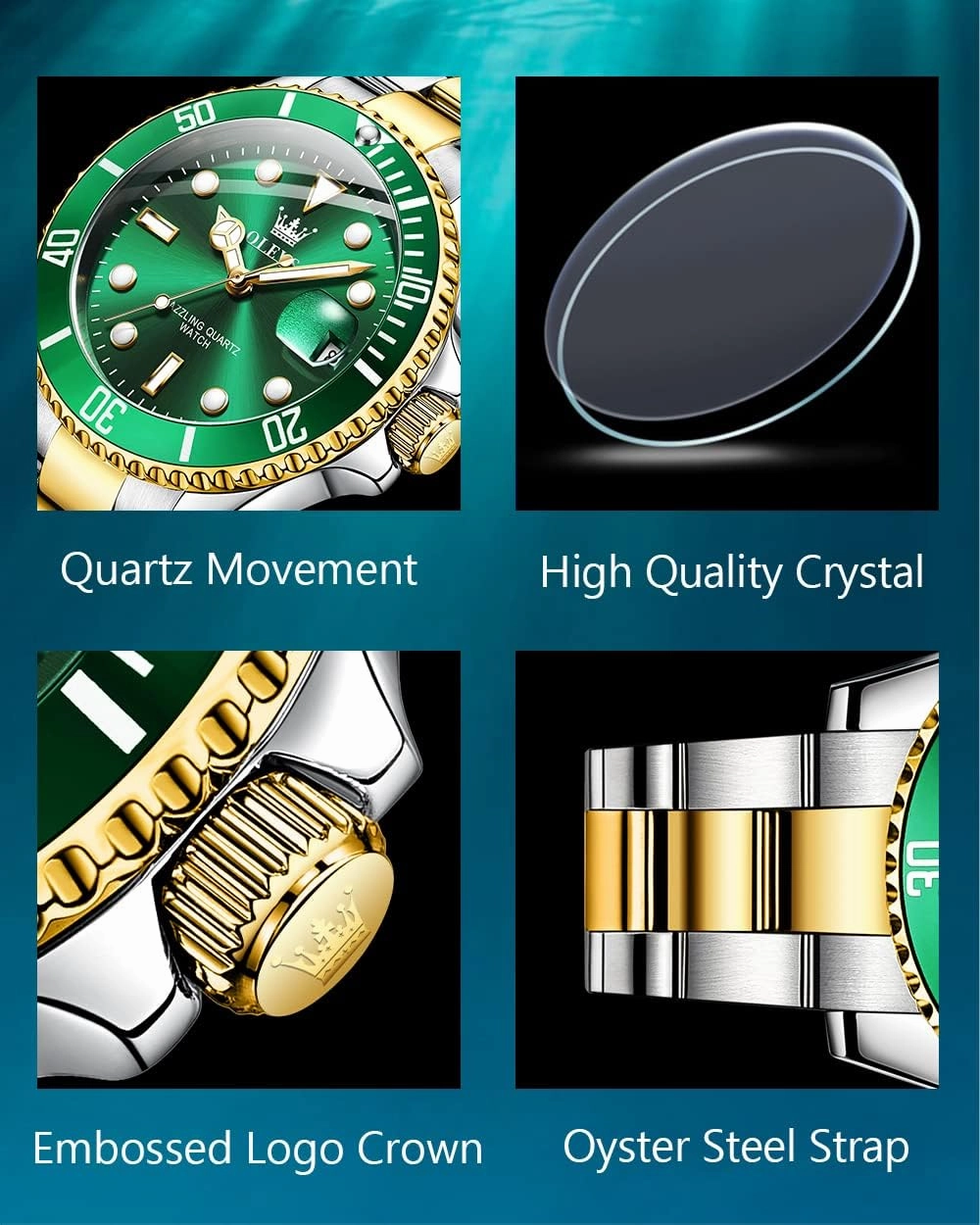 OLEVS Men's Watches with Date, Premium Gold and Silver Stainless Steel Analog Watches for Men, Classic Rotatable Bezel Men's Cuff Watches, Blue/Green/Black Dial