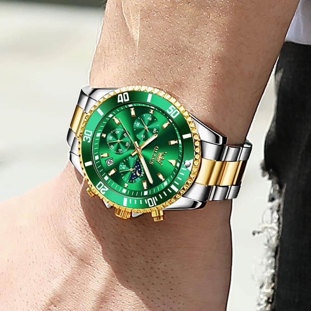 OLEVS Men's Watches with Date, Premium Gold and Silver Stainless Steel Analog Watches for Men, Classic Rotatable Bezel Men's Cuff Watches, Blue/Green/Black Dial