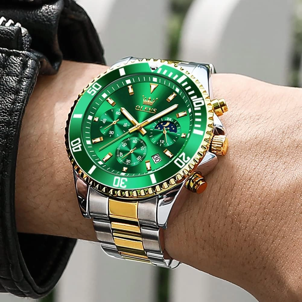 OLEVS Men's Watches with Date, Premium Gold and Silver Stainless Steel Analog Watches for Men, Classic Rotatable Bezel Men's Cuff Watches, Blue/Green/Black Dial