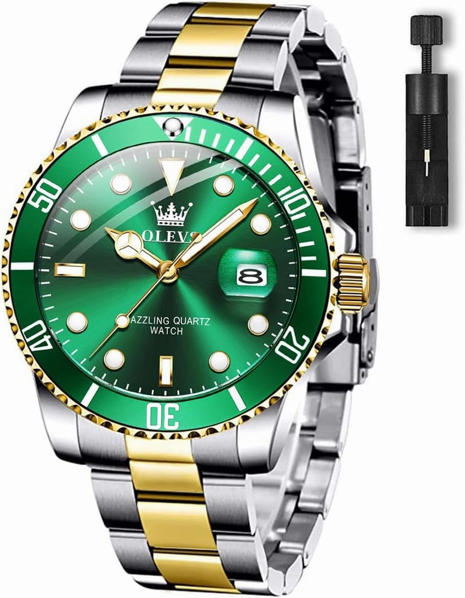 OLEVS Men's Watches with Date, Premium Gold and Silver Stainless Steel Analog Watches for Men, Classic Rotatable Bezel Men's Cuff Watches, Blue/Green/Black Dial