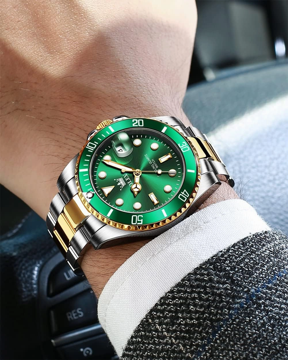 OLEVS Men's Watches with Date, Premium Gold and Silver Stainless Steel Analog Watches for Men, Classic Rotatable Bezel Men's Cuff Watches, Blue/Green/Black Dial