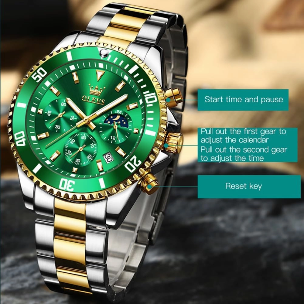 OLEVS Men's Watches with Date, Premium Gold and Silver Stainless Steel Analog Watches for Men, Classic Rotatable Bezel Men's Cuff Watches, Blue/Green/Black Dial