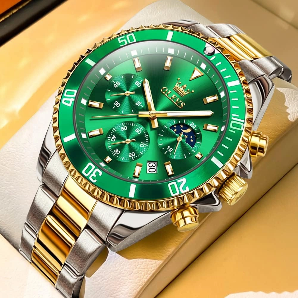 OLEVS Men's Watches with Date, Premium Gold and Silver Stainless Steel Analog Watches for Men, Classic Rotatable Bezel Men's Cuff Watches, Blue/Green/Black Dial