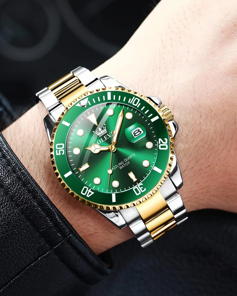 OLEVS Men's Watches with Date, Premium Gold and Silver Stainless Steel Analog Watches for Men, Classic Rotatable Bezel Men's Cuff Watches, Blue/Green/Black Dial