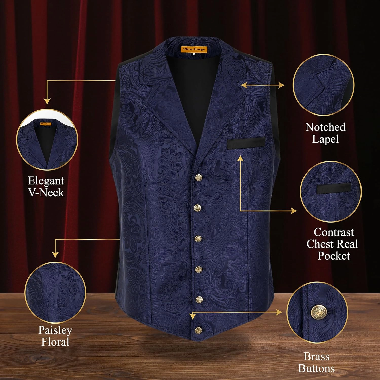 Oliver George Men’s Victorian Gothic Steampunk Vest Paisley Formal Waistcoat Tuxedo Suit Dress Vest For Men