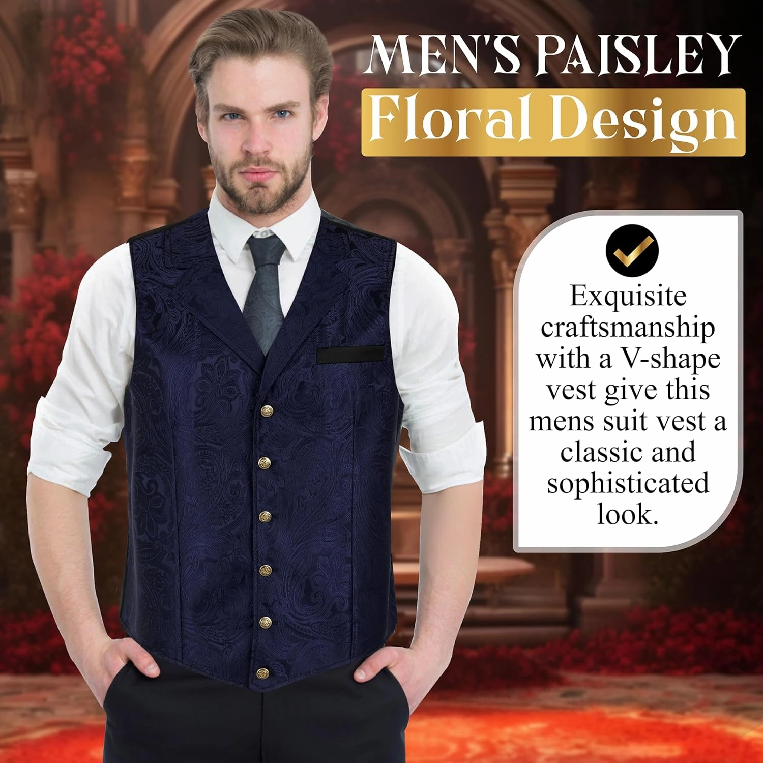 Oliver George Men’s Victorian Gothic Steampunk Vest Paisley Formal Waistcoat Tuxedo Suit Dress Vest For Men