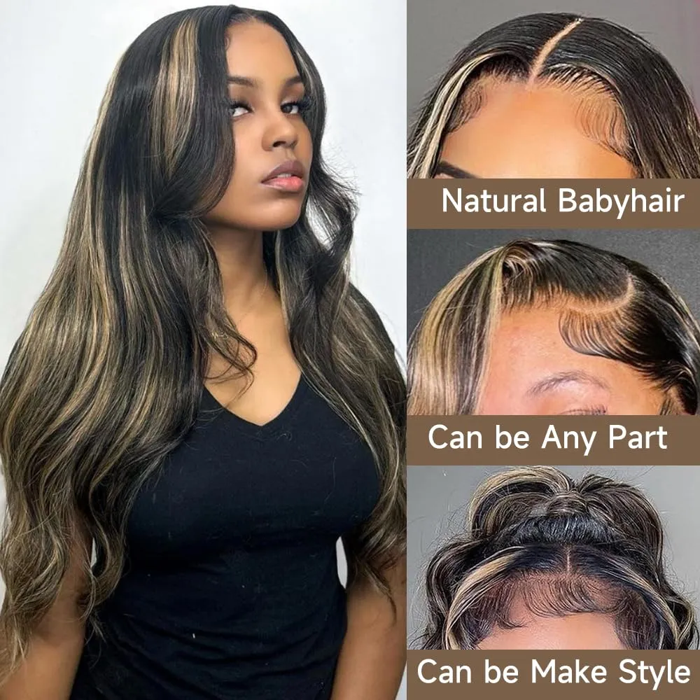 Ombre Lace Front Wig Human Hair Pre Plucked 13x4 Highlight Body Wave Lace Front Wigs Human Hair Hd Lace Frontal 1B/27 Colored Glueless Wigs Human Hair 180% Density 22 Inch