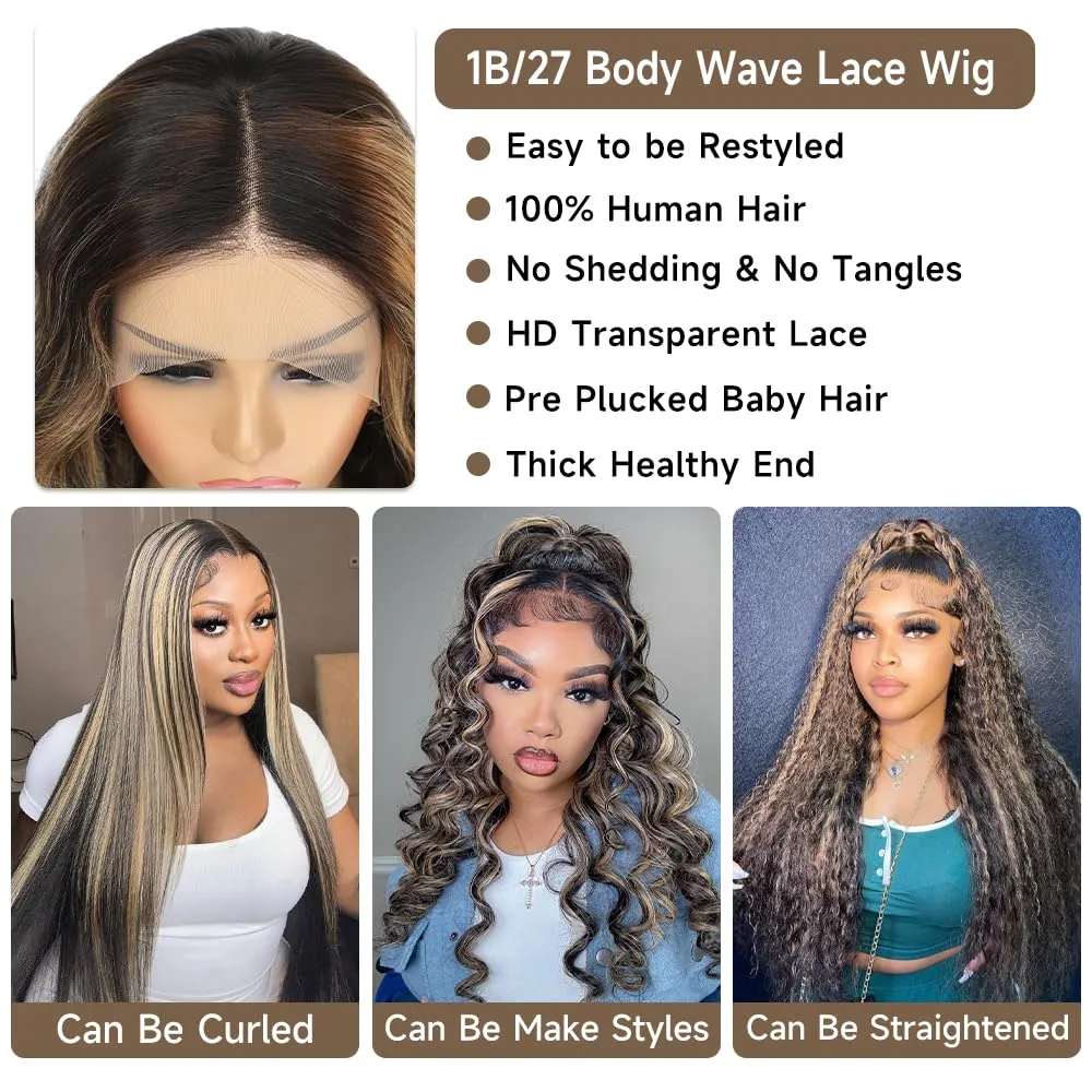 Ombre Lace Front Wig Human Hair Pre Plucked 13x4 Highlight Body Wave Lace Front Wigs Human Hair Hd Lace Frontal 1B/27 Colored Glueless Wigs Human Hair 180% Density 22 Inch