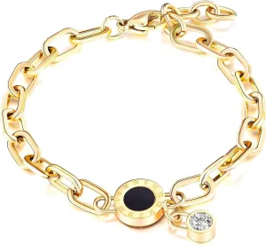 Ora & Eve Gold Chain Bracelet for Women – 18K Gold Plated Stainless Steel with Black Roman Dial Charm & CZ Drop – Waterproof, Adjustable Luxury Jewelry Gift