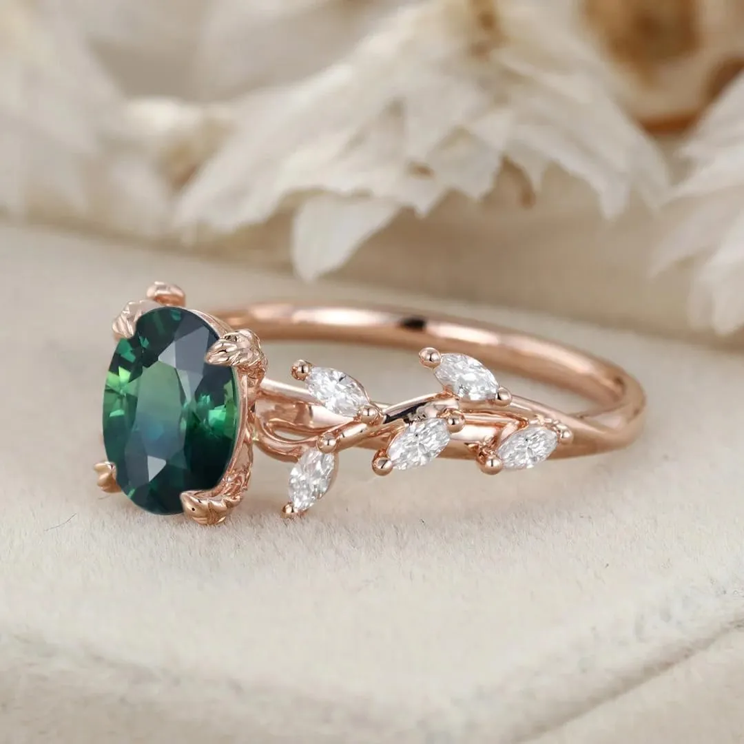 Oval Cut Floral Sapphire/Moss Agate/Amethyst Engagement Ring Center 1 CT Gemstone with Moissanite Branch Cluster Ring in 925 Sterling Silver 10K 14K 18K Gold