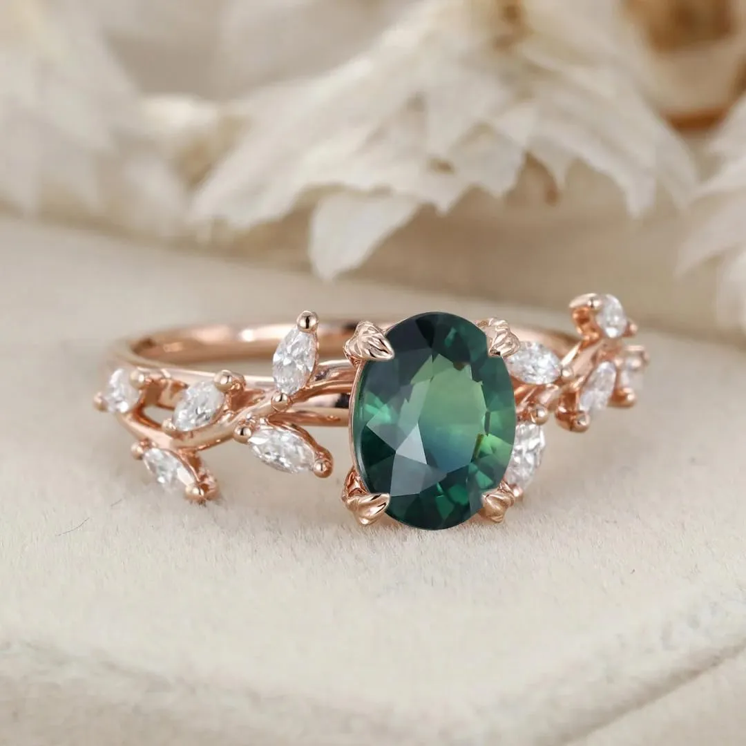 Oval Cut Floral Sapphire/Moss Agate/Amethyst Engagement Ring Center 1 CT Gemstone with Moissanite Branch Cluster Ring in 925 Sterling Silver 10K 14K 18K Gold
