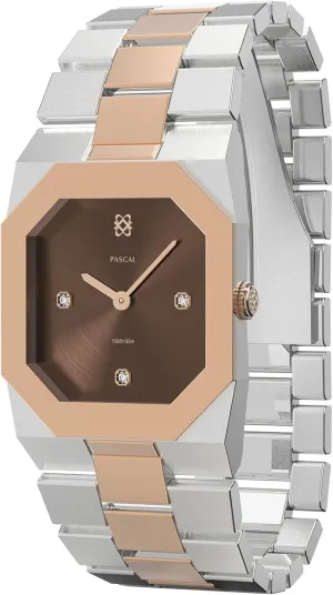 PASCAL Octagonal Diamond Watch for Men, Swiss Quartz Stainless Steel Watch, Scratch Resistant Sapphire Crystal, 10 ATM Waterproof, Luxury Dress Men's Wrist Watch (Mocha)