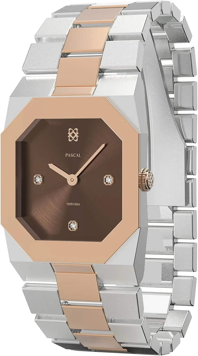 PASCAL Octagonal Diamond Watch for Men, Swiss Quartz Stainless Steel Watch, Scratch Resistant Sapphire Crystal, 10 ATM Waterproof, Luxury Dress Men's Wrist Watch (Mocha)