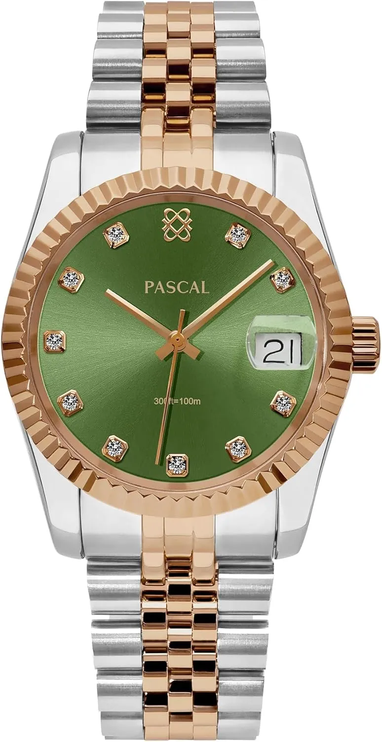 PASCAL Timeless Classic Diamond Stainless Steel Watch for Men and Women, Swiss Quartz Movement, Luxury Silver & Rose Gold Wrist Watch, Sapphire Crystal 10ATM Waterproof, 31mm / 36mm