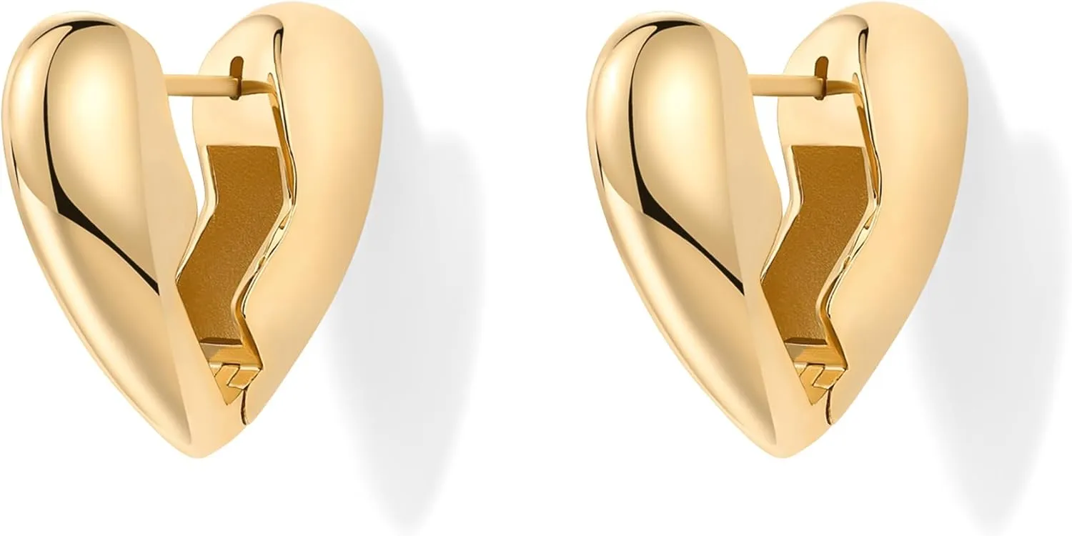 PAVOI 14K Gold Plated Bold Chunky Dupe Heart Hoop Earrings for Women | Gold Earring Pair