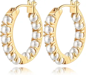 Pearl Earrings for Women Gold Pearl Earrings Hoop Earring for Women 14K Gold Hoop Earring Huggie Hoops 20/30mm