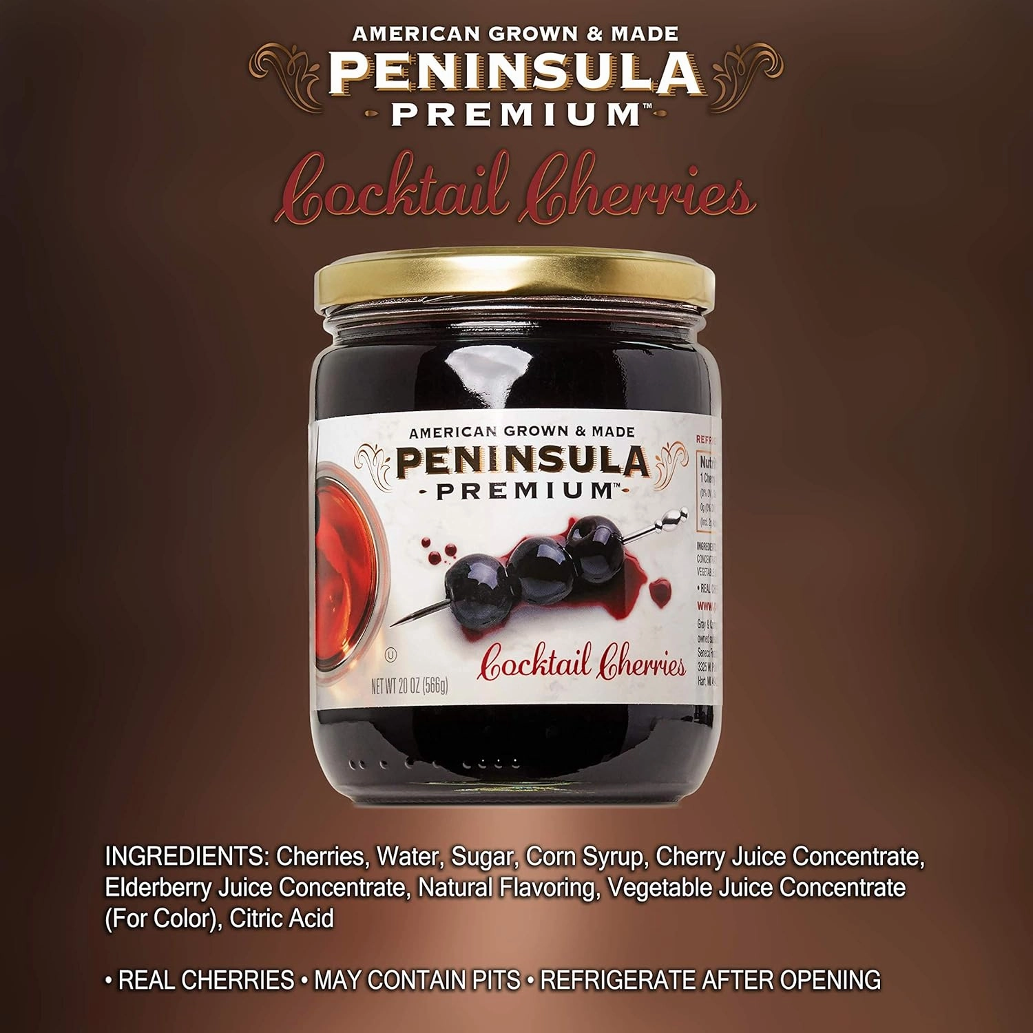 Peninsula Premium Cocktail Cherries | Award Winning | Deep Burgundy-Red | Silky Smooth, Rich Syrup | Luxe Fruit Forward, Sweet-Tart Flavor | Gourmet | American Grown & Made | 20 Oz
