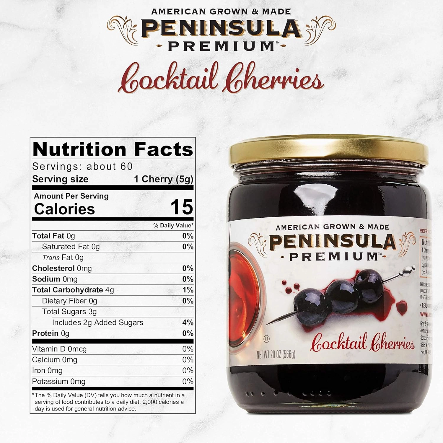 Peninsula Premium Cocktail Cherries | Award Winning | Deep Burgundy-Red | Silky Smooth, Rich Syrup | Luxe Fruit Forward, Sweet-Tart Flavor | Gourmet | American Grown & Made | 20 Oz