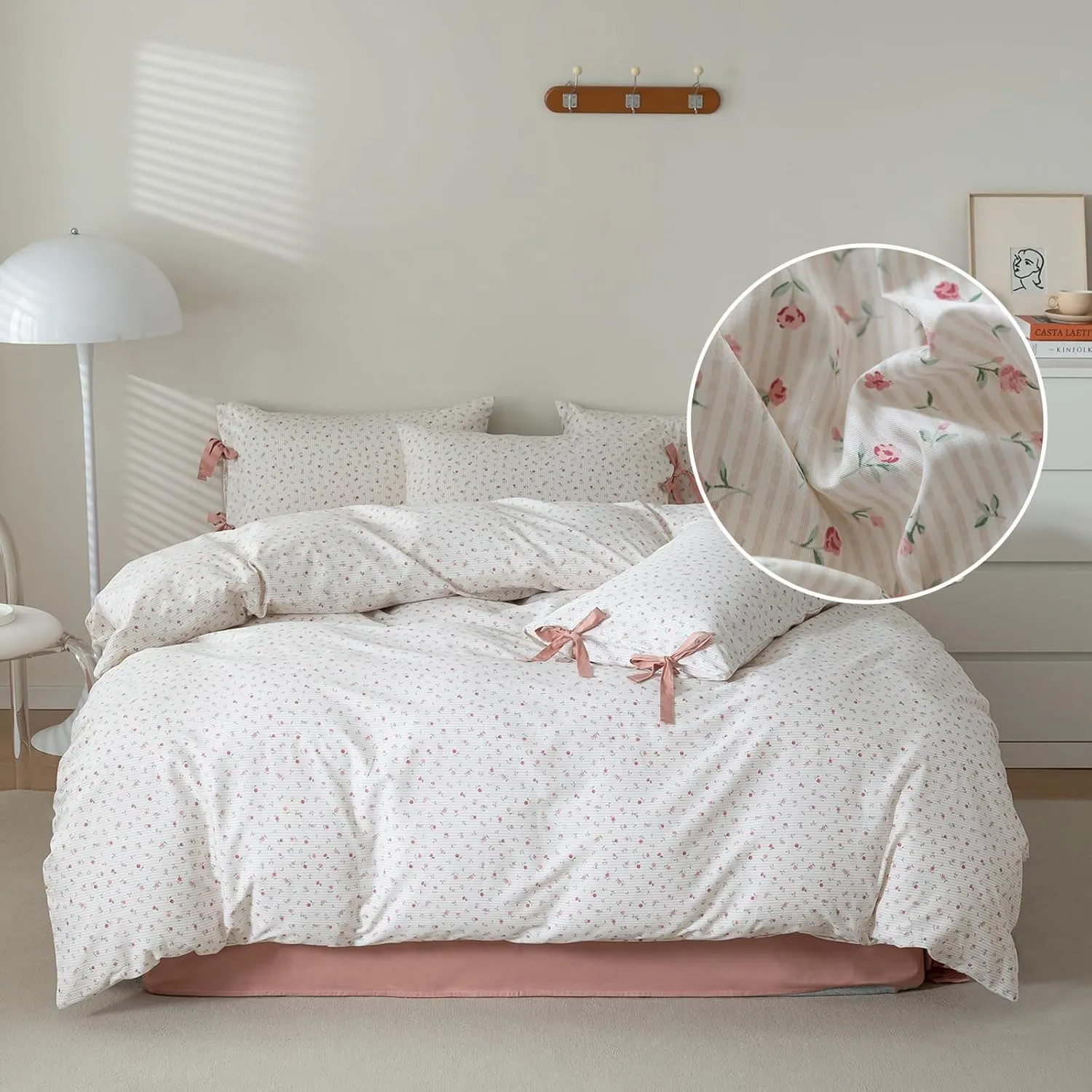Pink Flower Duvet Cover Queen Vintage Garden Style Girls Comforter Cover Pink Stripes Bedding Set Cotton Rose Flower Comforter Cover with 2 Bow Ties Pillowcases Botanical Cottagecore Duvet Cover Set