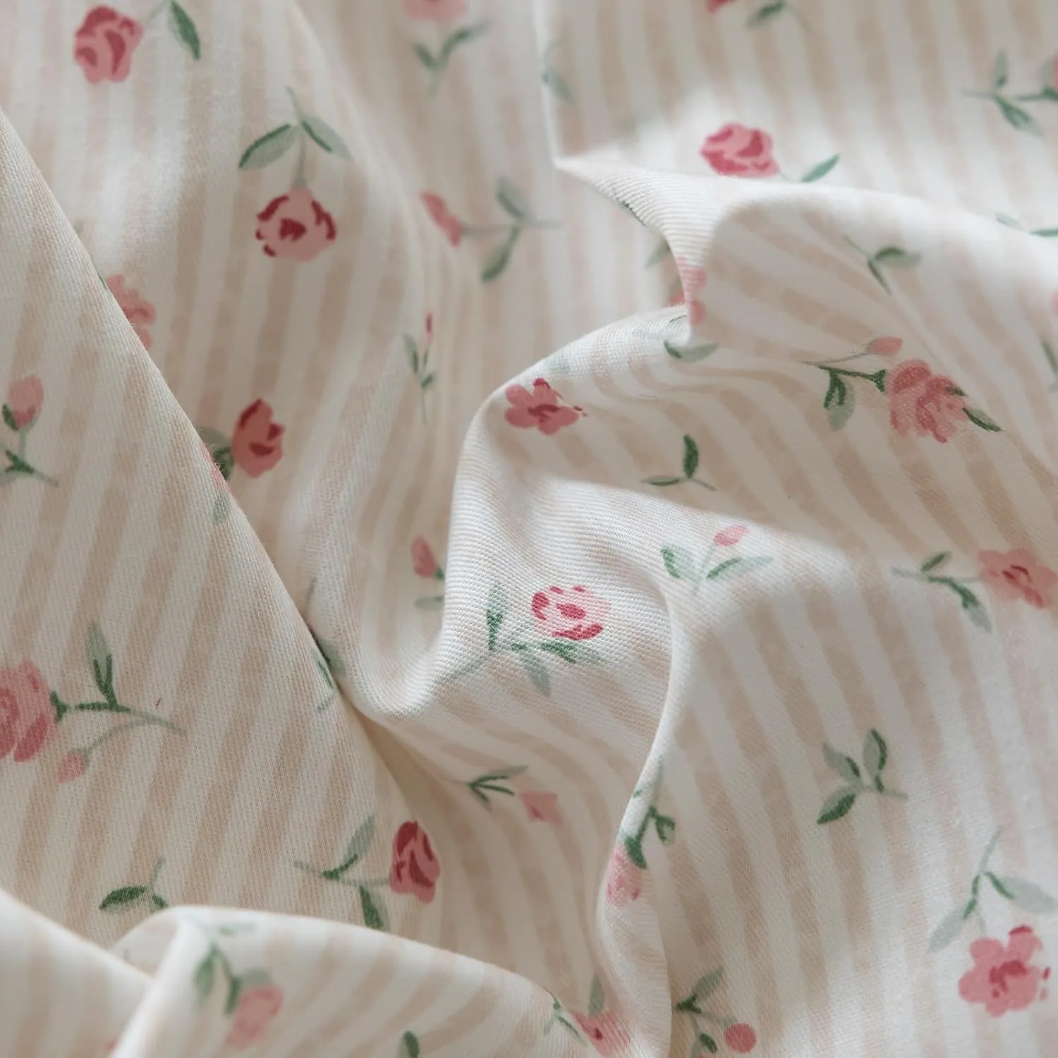 Pink Flower Duvet Cover Queen Vintage Garden Style Girls Comforter Cover Pink Stripes Bedding Set Cotton Rose Flower Comforter Cover with 2 Bow Ties Pillowcases Botanical Cottagecore Duvet Cover Set