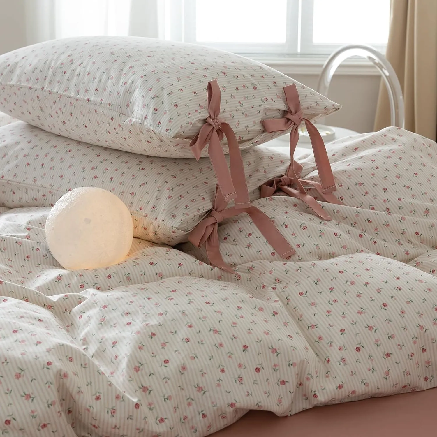 Pink Flower Duvet Cover Queen Vintage Garden Style Girls Comforter Cover Pink Stripes Bedding Set Cotton Rose Flower Comforter Cover with 2 Bow Ties Pillowcases Botanical Cottagecore Duvet Cover Set