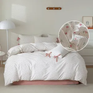 Pink Flower Duvet Cover Queen Vintage Garden Style Girls Comforter Cover Pink Stripes Bedding Set Cotton Rose Flower Comforter Cover with 2 Bow Ties Pillowcases Botanical Cottagecore Duvet Cover Set