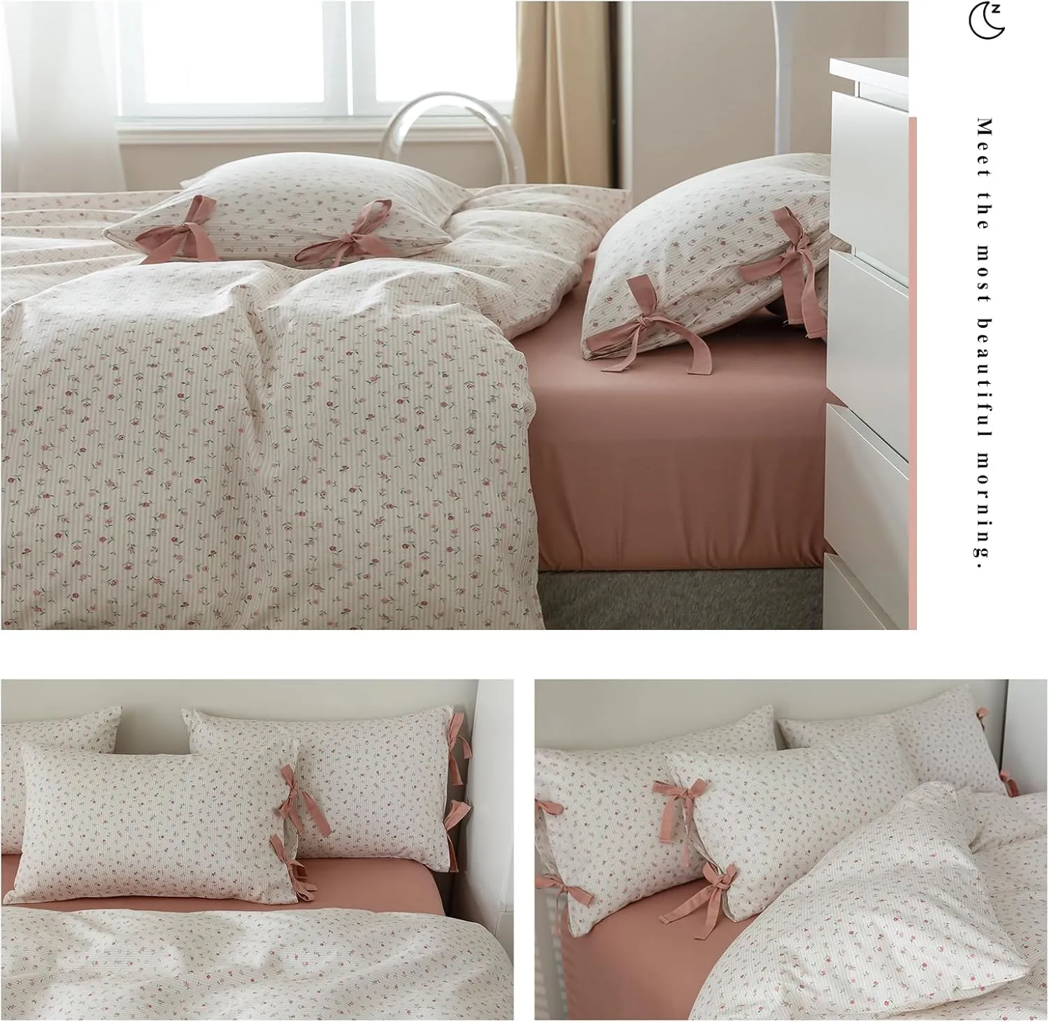 Pink Flower Duvet Cover Queen Vintage Garden Style Girls Comforter Cover Pink Stripes Bedding Set Cotton Rose Flower Comforter Cover with 2 Bow Ties Pillowcases Botanical Cottagecore Duvet Cover Set
