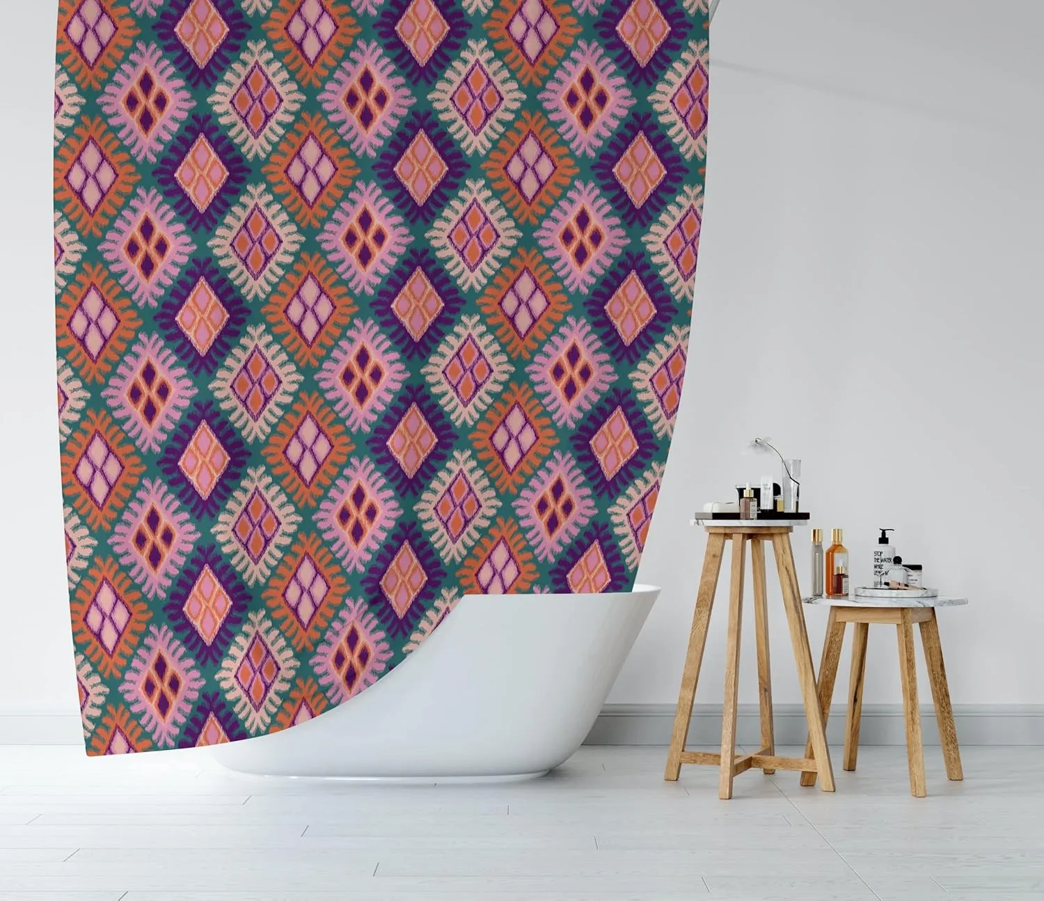 Pink Ikat Print Shower Curtain, Bathroom Decor, Boho Colorful Modern Fabric Shower Curtain 72x72 Inches (Ikat)