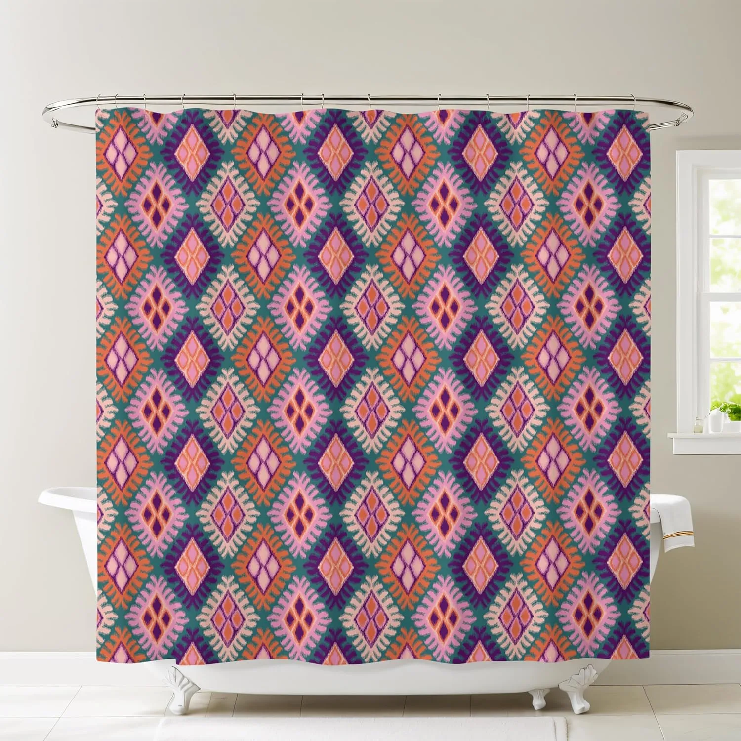 Pink Ikat Print Shower Curtain, Bathroom Decor, Boho Colorful Modern Fabric Shower Curtain 72x72 Inches (Ikat)
