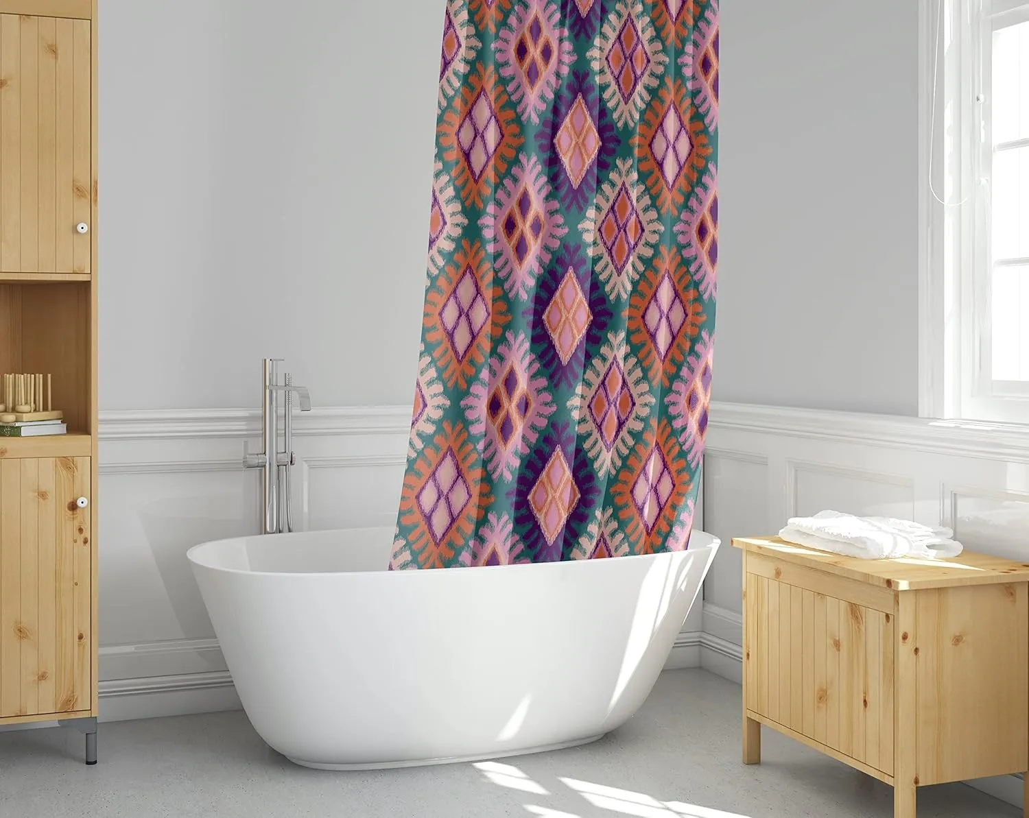 Pink Ikat Print Shower Curtain, Bathroom Decor, Boho Colorful Modern Fabric Shower Curtain 72x72 Inches (Ikat)