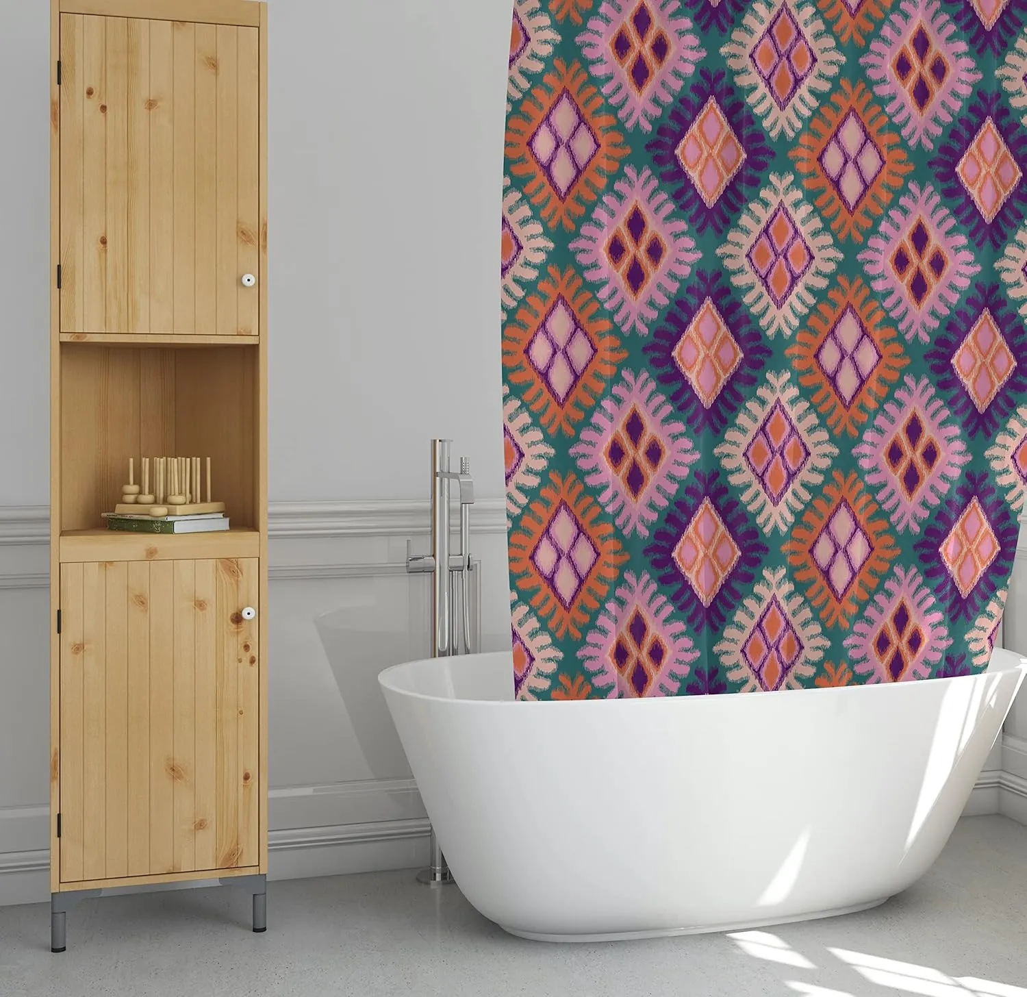 Pink Ikat Print Shower Curtain, Bathroom Decor, Boho Colorful Modern Fabric Shower Curtain 72x72 Inches (Ikat)