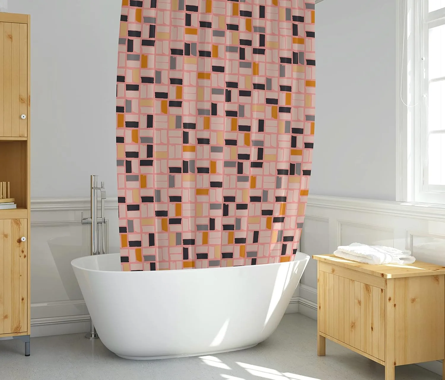 Pink Mid Mod Shower Curtain, Square Abstract Pattern Shower Curtain, Cool Colorful Modern Fabric Shower Curtain 72x72 Inches (MidMod)