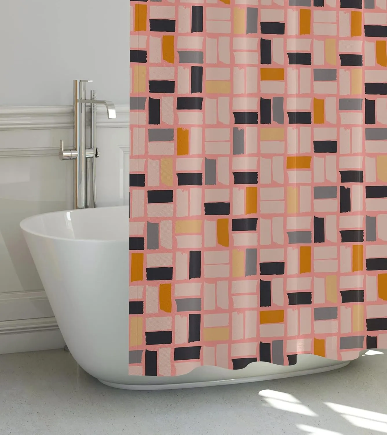 Pink Mid Mod Shower Curtain, Square Abstract Pattern Shower Curtain, Cool Colorful Modern Fabric Shower Curtain 72x72 Inches (MidMod)
