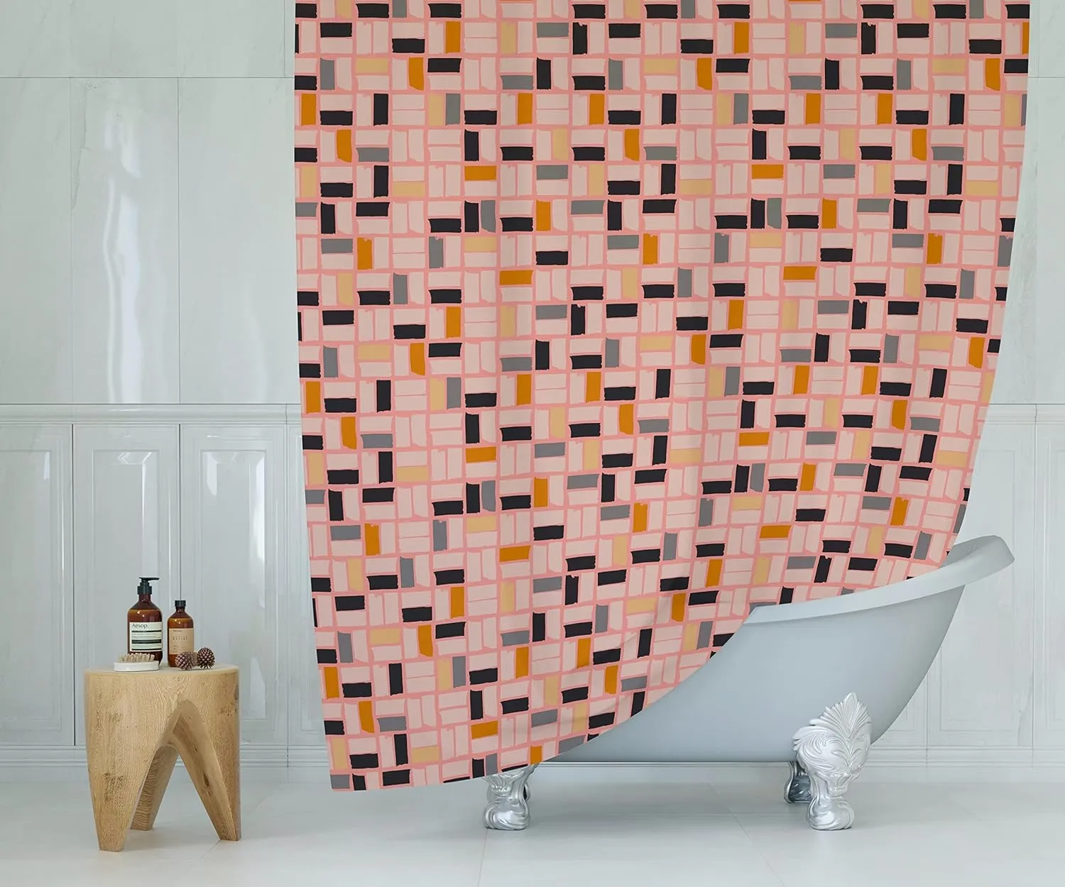 Pink Mid Mod Shower Curtain, Square Abstract Pattern Shower Curtain, Cool Colorful Modern Fabric Shower Curtain 72x72 Inches (MidMod)
