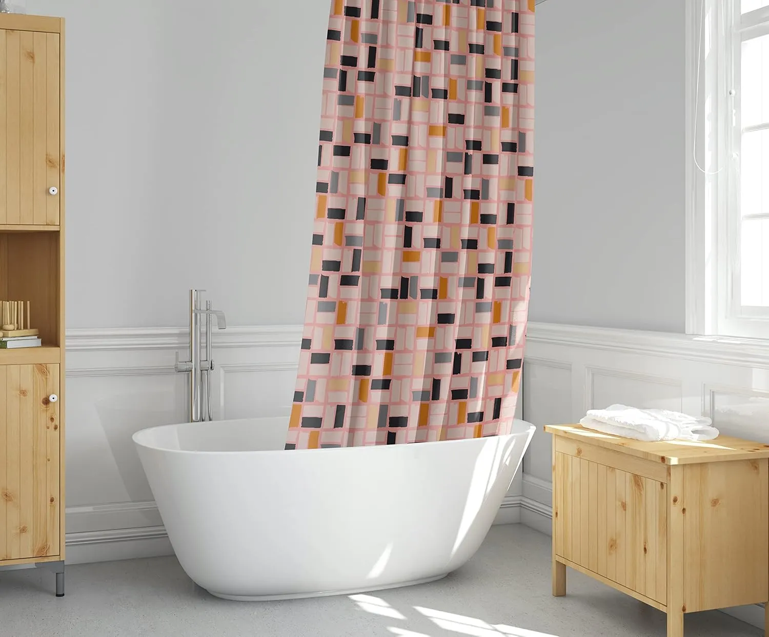 Pink Mid Mod Shower Curtain, Square Abstract Pattern Shower Curtain, Cool Colorful Modern Fabric Shower Curtain 72x72 Inches (MidMod)