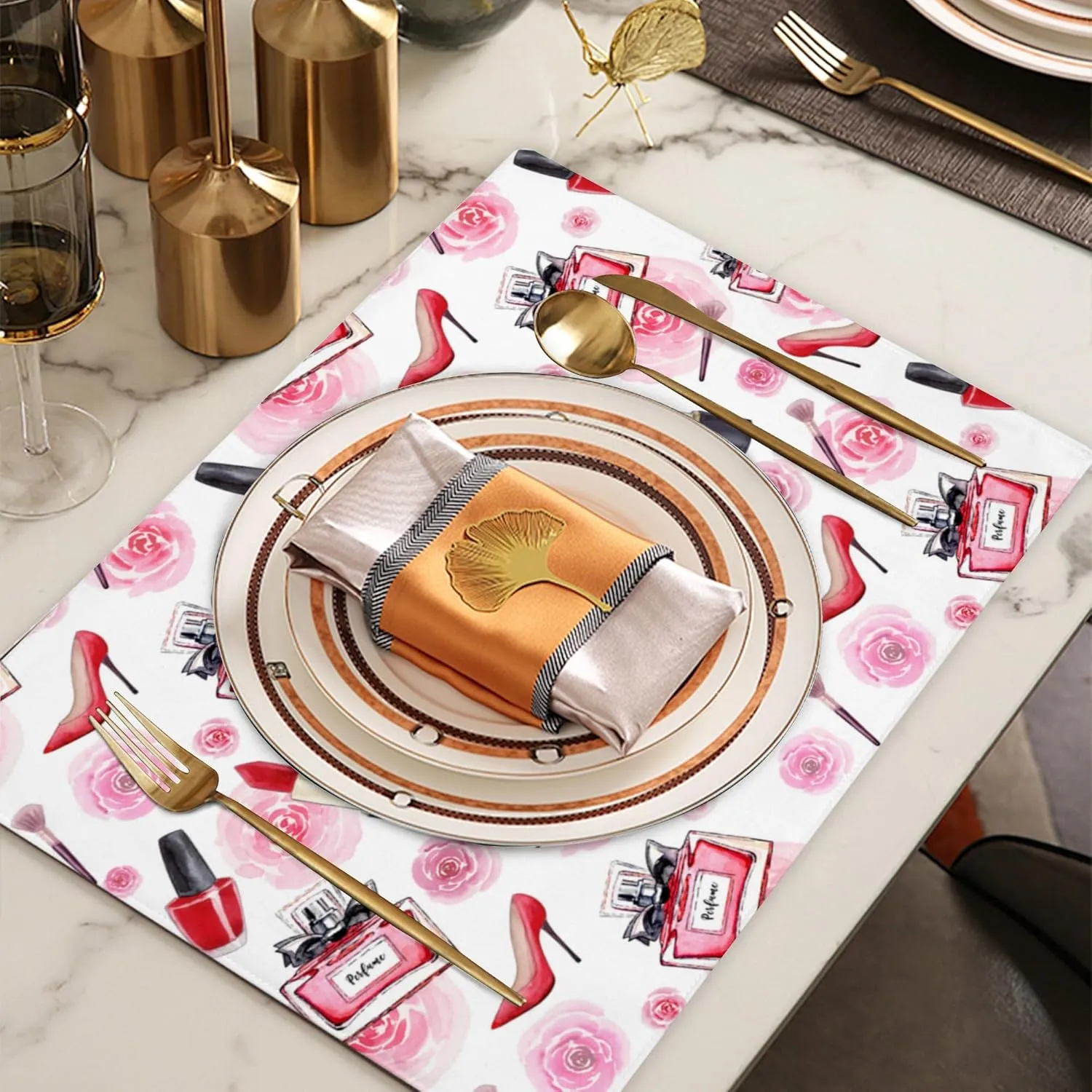 Placemats Set of 4 High Heel Shoes Lipstick Red Polyester Non-Slip Washable Placemats for Dining Table Heat Resistant Durable Kitchen Table Mats Decor Indoor Outdoor 12x18 Inch