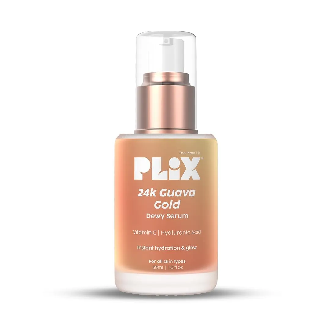 PLI'X - THE PLANT FIX 24K Guava Gold Serum | Vitamin C & Hyaluronic Acid | Brightens Skin & Reduces Photoageing | 2-In-1 Face Serum & Primer For Glowing Skin | 30 Ml