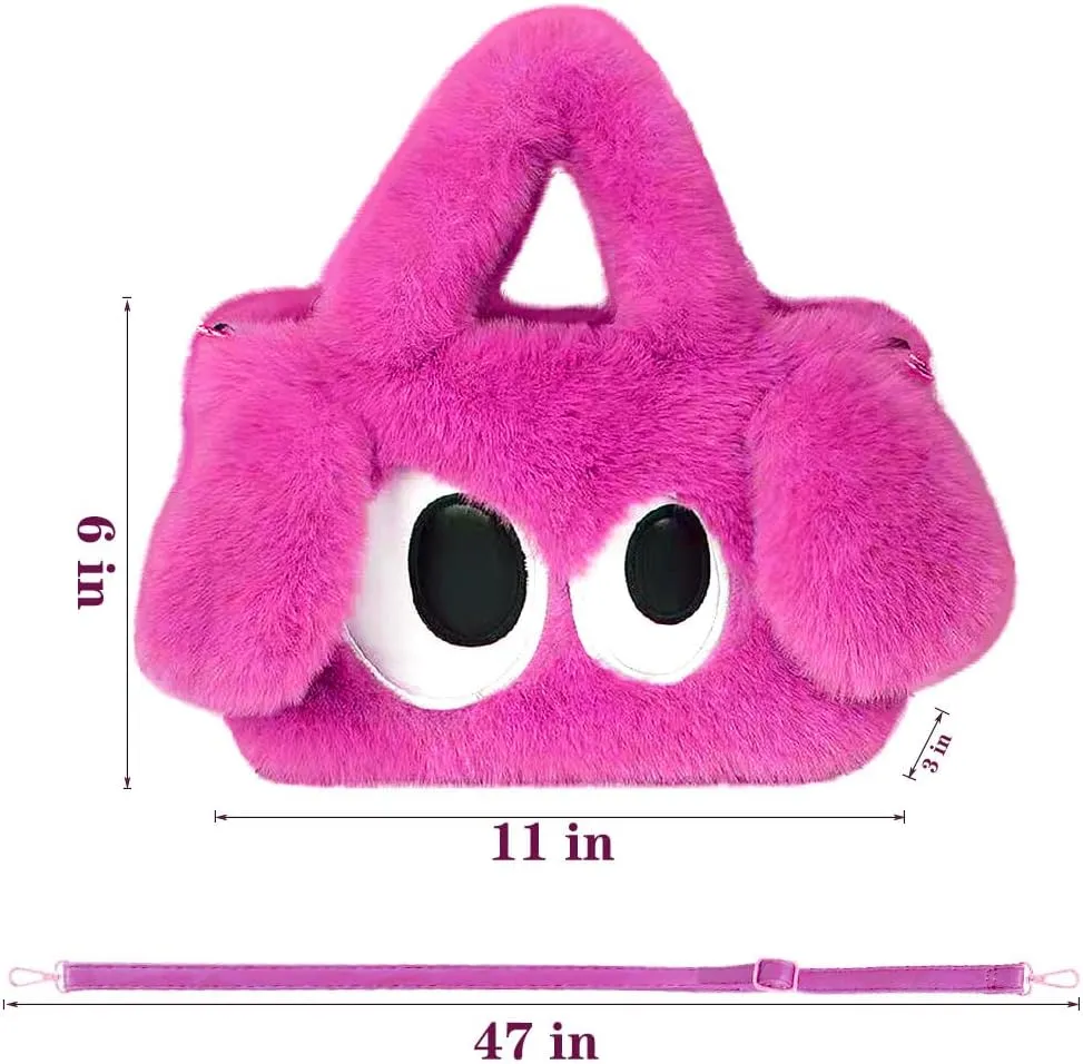 Plush Cartoon Eyes Handbag, Fluffy Furry Purse, 6 Colors Available - Pink, Brown, Camel, White, Green, Blush